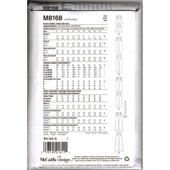 McCall's M8168 Misses 6 to 22 High Waist Shorts, Pants and Capri Sewing Pattern - Picture 2 of 2